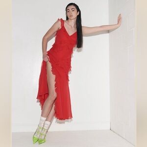 ASOS DESIGN Vibrant red sheer ruffle maxi dress, rat and boa style size 2p